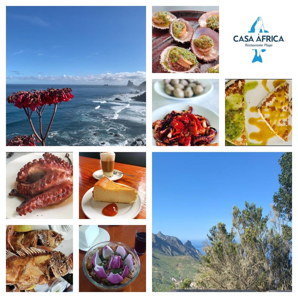 Collage de fotografías de Casa África Restaurante Playa y platos de comida